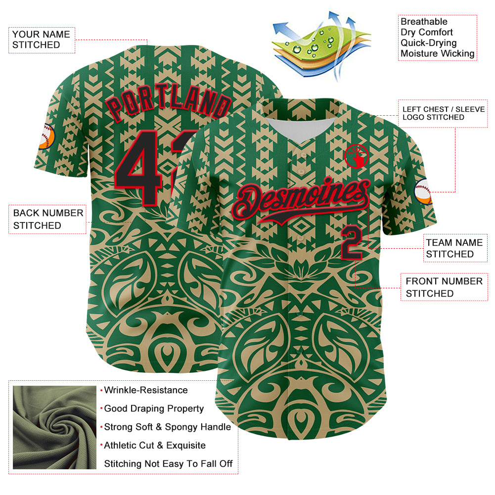 Custom Kelly Green Black Vegas Gold-Fire Red 3D Polynesian Style Islander Authentic Baseball Jersey