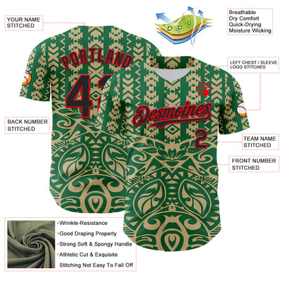 Custom Kelly Green Black Vegas Gold-Fire Red 3D Polynesian Style Islander Authentic Baseball Jersey
