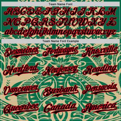 Custom Kelly Green Black Vegas Gold-Fire Red 3D Polynesian Style Islander Authentic Baseball Jersey