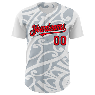 Custom White Fire Red Silver-Black 3D Polynesian Style Islander Authentic Baseball Jersey