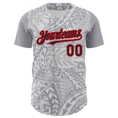 Custom Gray Black White-Fire Red 3D Polynesian Style Palm Leaves Islander Authentic Baseball Jersey