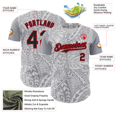 Custom Gray Black White-Fire Red 3D Polynesian Style Palm Leaves Islander Authentic Baseball Jersey