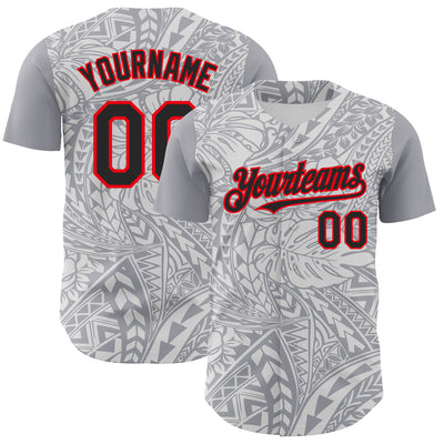 Custom Gray Black White-Fire Red 3D Polynesian Style Palm Leaves Islander Authentic Baseball Jersey