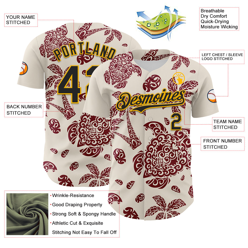 Custom Cream Black Crimson-Gold 3D Polynesian Style Palm Trees Islander Authentic Baseball Jersey