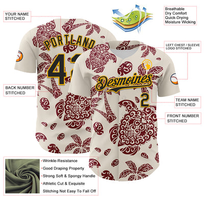 Custom Cream Black Crimson-Gold 3D Polynesian Style Palm Trees Islander Authentic Baseball Jersey