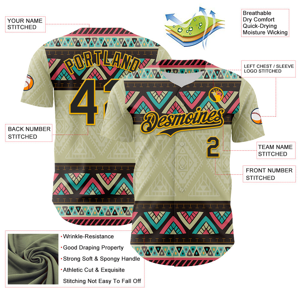 Custom Green Black-Gold 3D Polynesian Style Islander Authentic Baseball Jersey