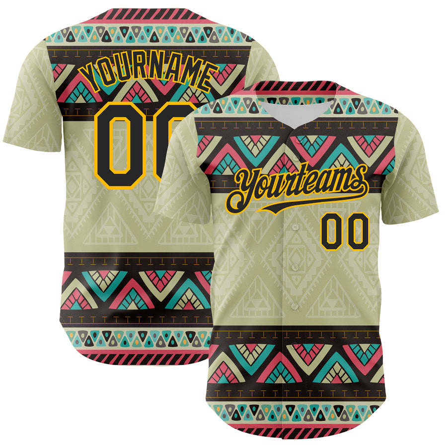 Custom Green Black-Gold 3D Polynesian Style Islander Authentic Baseball Jersey