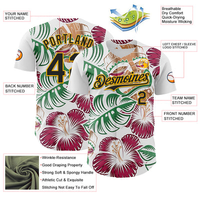 Custom White Black-Gold 3D Polynesian Style Tiki Culture Palm Leaves Islander Authentic Baseball Jersey