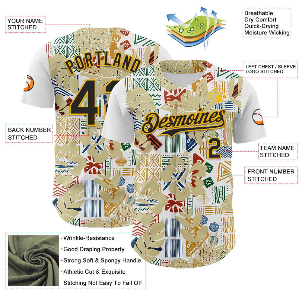 Custom White Black-Gold 3D Polynesian Style Palm Leaves Islander Authentic Baseball Jersey