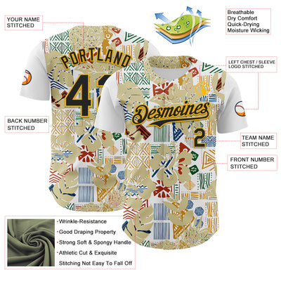 Custom White Black-Gold 3D Polynesian Style Palm Leaves Islander Authentic Baseball Jersey
