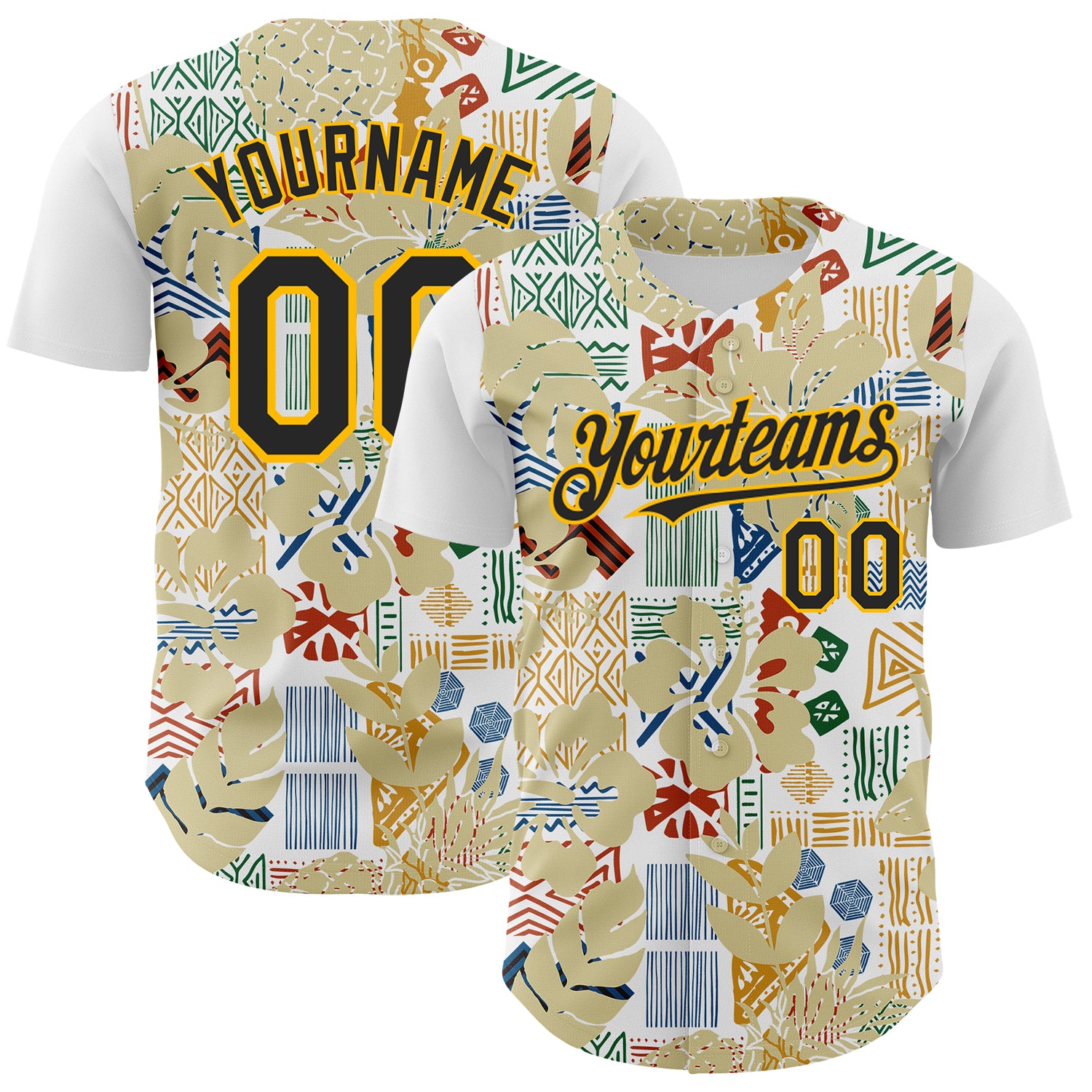 Custom White Black-Gold 3D Polynesian Style Palm Leaves Islander Authentic Baseball Jersey