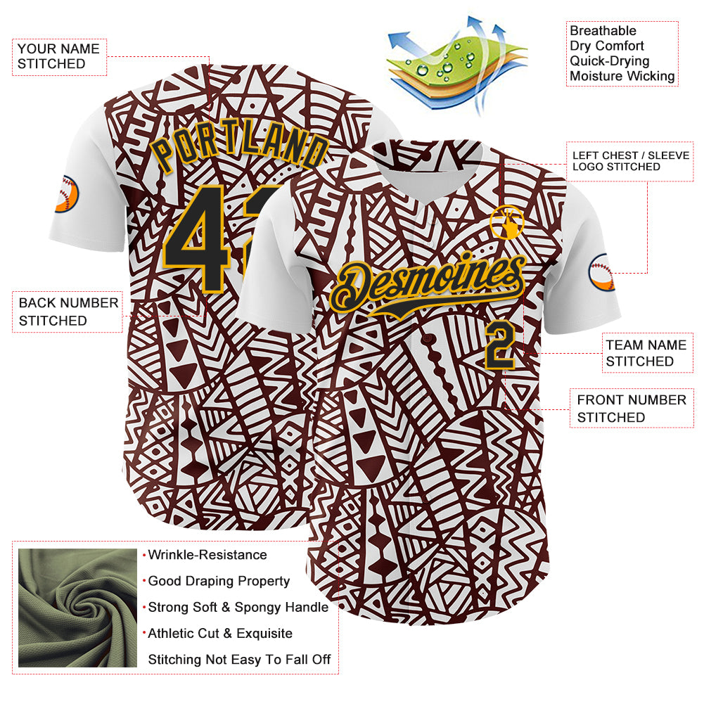 Custom White Black Brown-Gold 3D Polynesian Style Islander Authentic Baseball Jersey