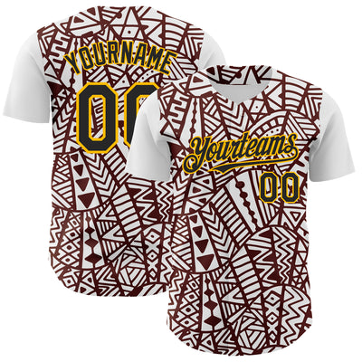 Custom White Black Brown-Gold 3D Polynesian Style Islander Authentic Baseball Jersey