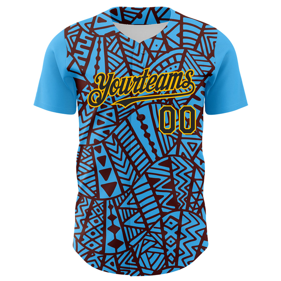 Custom Sky Blue Black Brown-Gold 3D Polynesian Style Islander Authentic Baseball Jersey