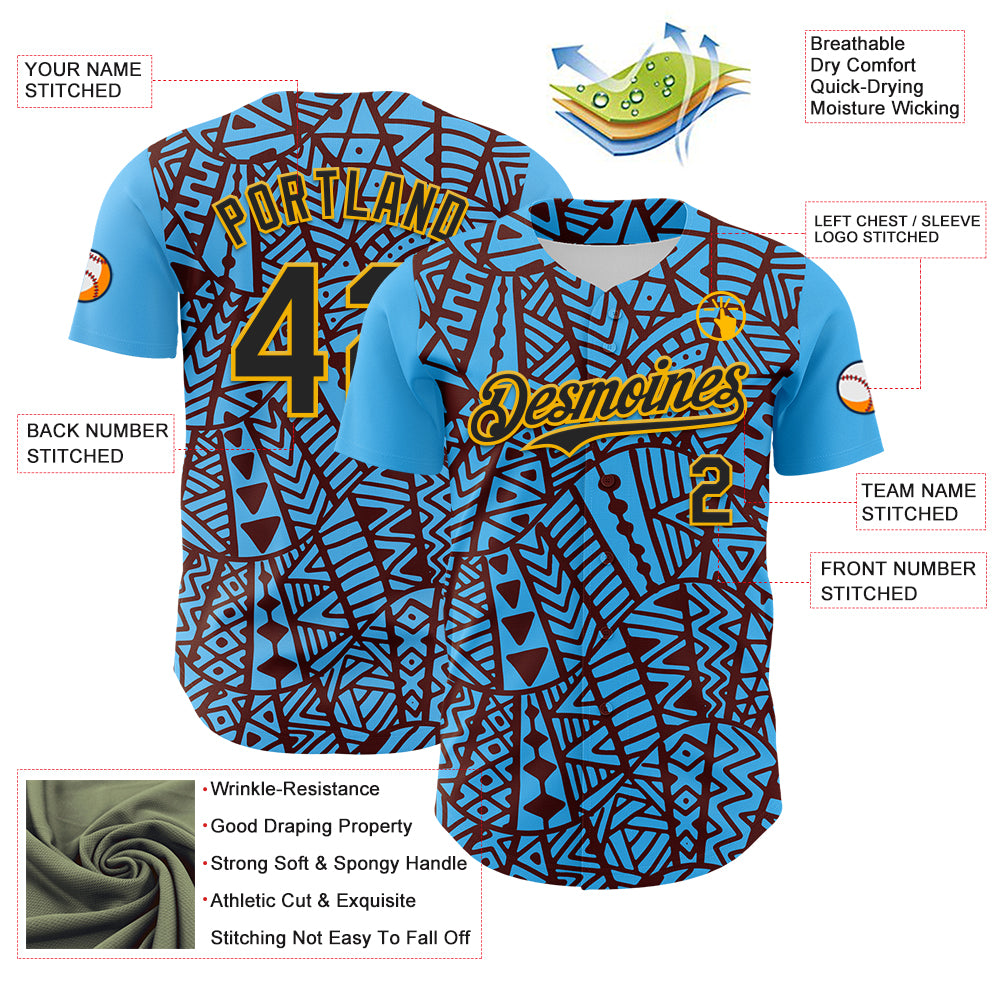 Custom Sky Blue Black Brown-Gold 3D Polynesian Style Islander Authentic Baseball Jersey