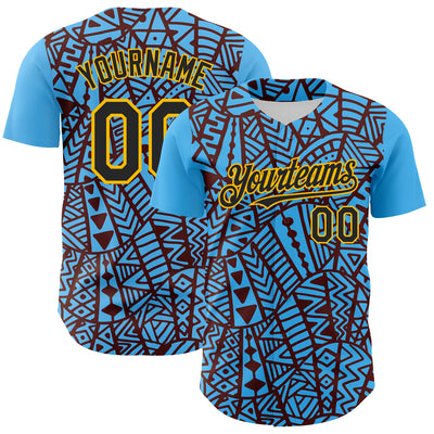 Custom Sky Blue Black Brown-Gold 3D Polynesian Style Islander Authentic Baseball Jersey