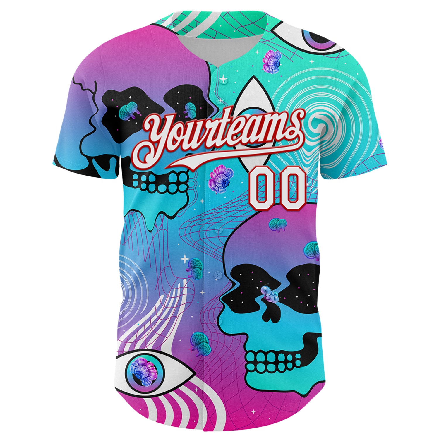 Custom Blue White-Red 3D Pattern Design Trippy Magic Mushrooms Skull Authentic Baseball Jersey