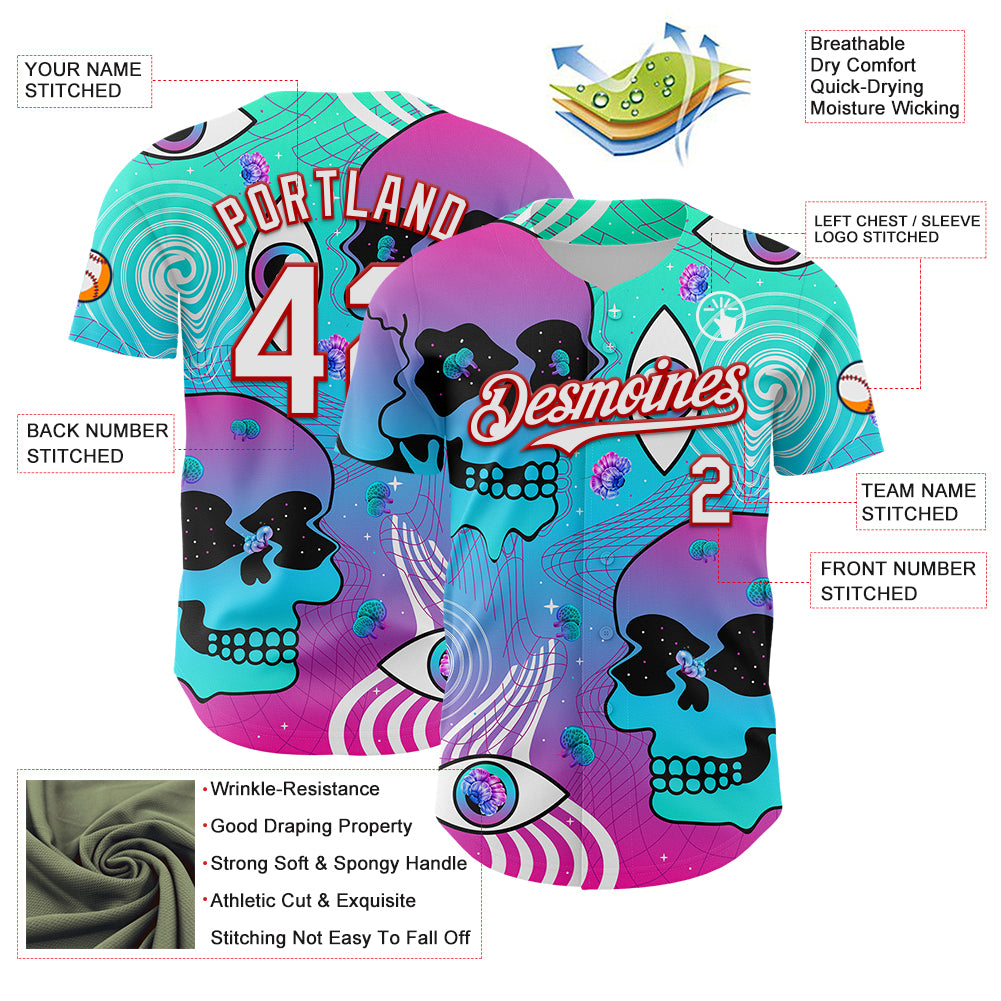 Custom Blue White-Red 3D Pattern Design Trippy Magic Mushrooms Skull Authentic Baseball Jersey