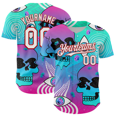 Custom Blue White-Red 3D Pattern Design Trippy Magic Mushrooms Skull Authentic Baseball Jersey