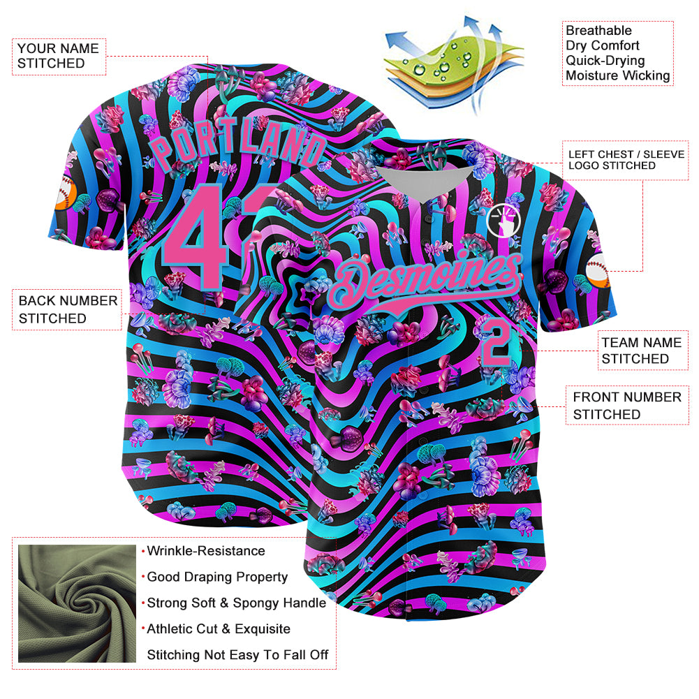 Custom Black Pink Purple-Sky Blue 3D Pattern Design Trippy Psychedelic Magic Mushrooms Authentic Baseball Jersey