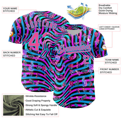 Custom Black Pink Purple-Sky Blue 3D Pattern Design Trippy Psychedelic Magic Mushrooms Authentic Baseball Jersey