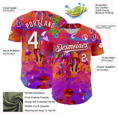 Custom Red White 3D Pattern Design Trippy Psychedelic Magic Mushrooms Authentic Baseball Jersey