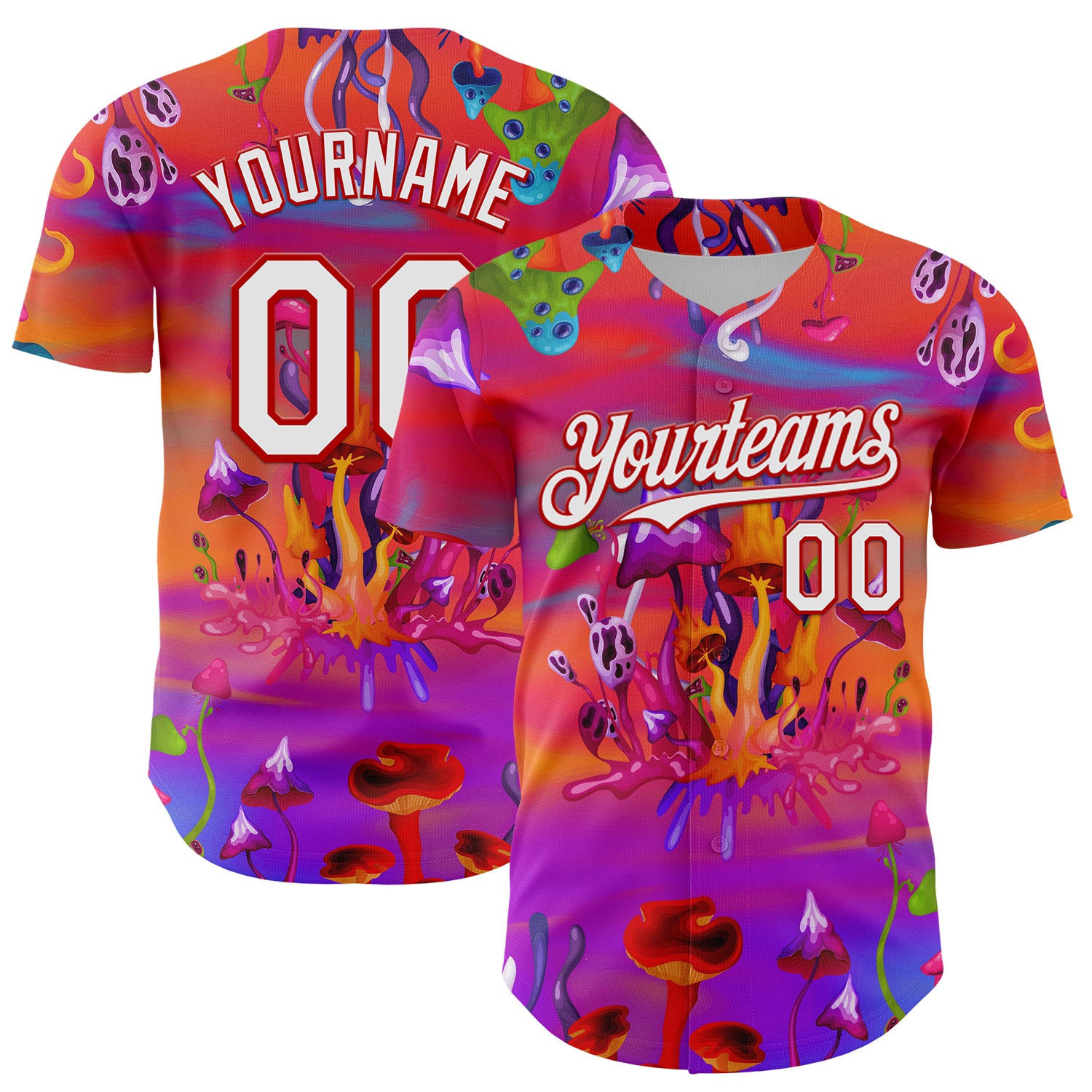 Custom Red White 3D Pattern Design Trippy Psychedelic Magic Mushrooms Authentic Baseball Jersey