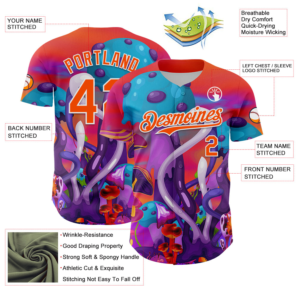 Custom Red Orange Purple-White 3D Pattern Design Trippy Psychedelic Magic Mushrooms Authentic Baseball Jersey