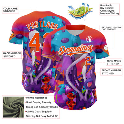 Custom Red Orange Purple-White 3D Pattern Design Trippy Psychedelic Magic Mushrooms Authentic Baseball Jersey