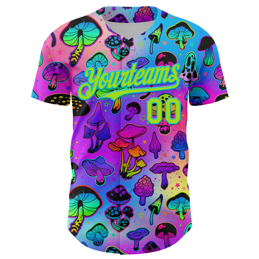 Custom Purple Neon Green-Lakes Blue 3D Pattern Design Trippy Psychedelic Magic Mushrooms Authentic Baseball Jersey