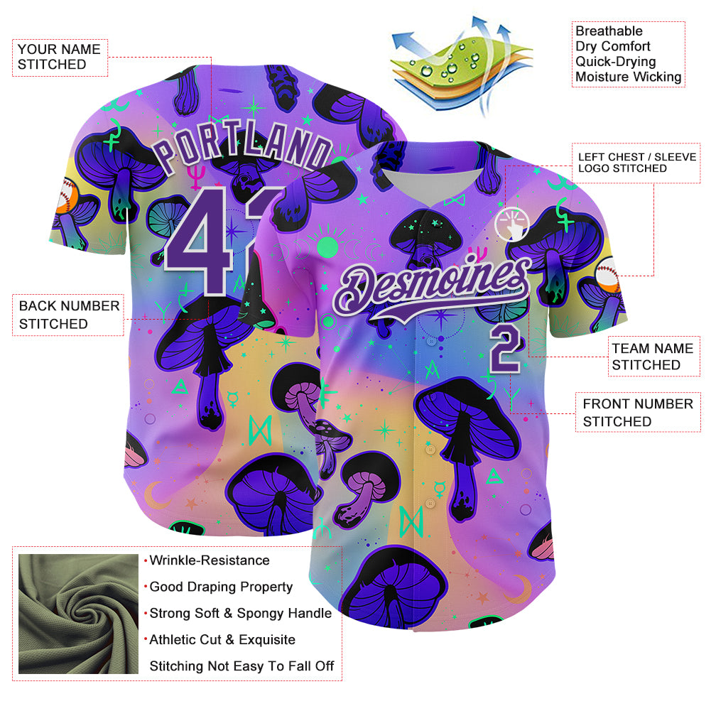 Custom Purple White 3D Pattern Design Trippy Psychedelic Magic Mushrooms Authentic Baseball Jersey
