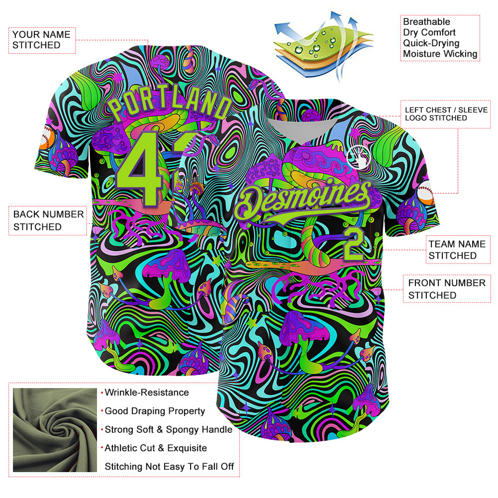 Custom Purple Neon Green 3D Pattern Design Trippy Groovy Magic Mushrooms Authentic Baseball Jersey
