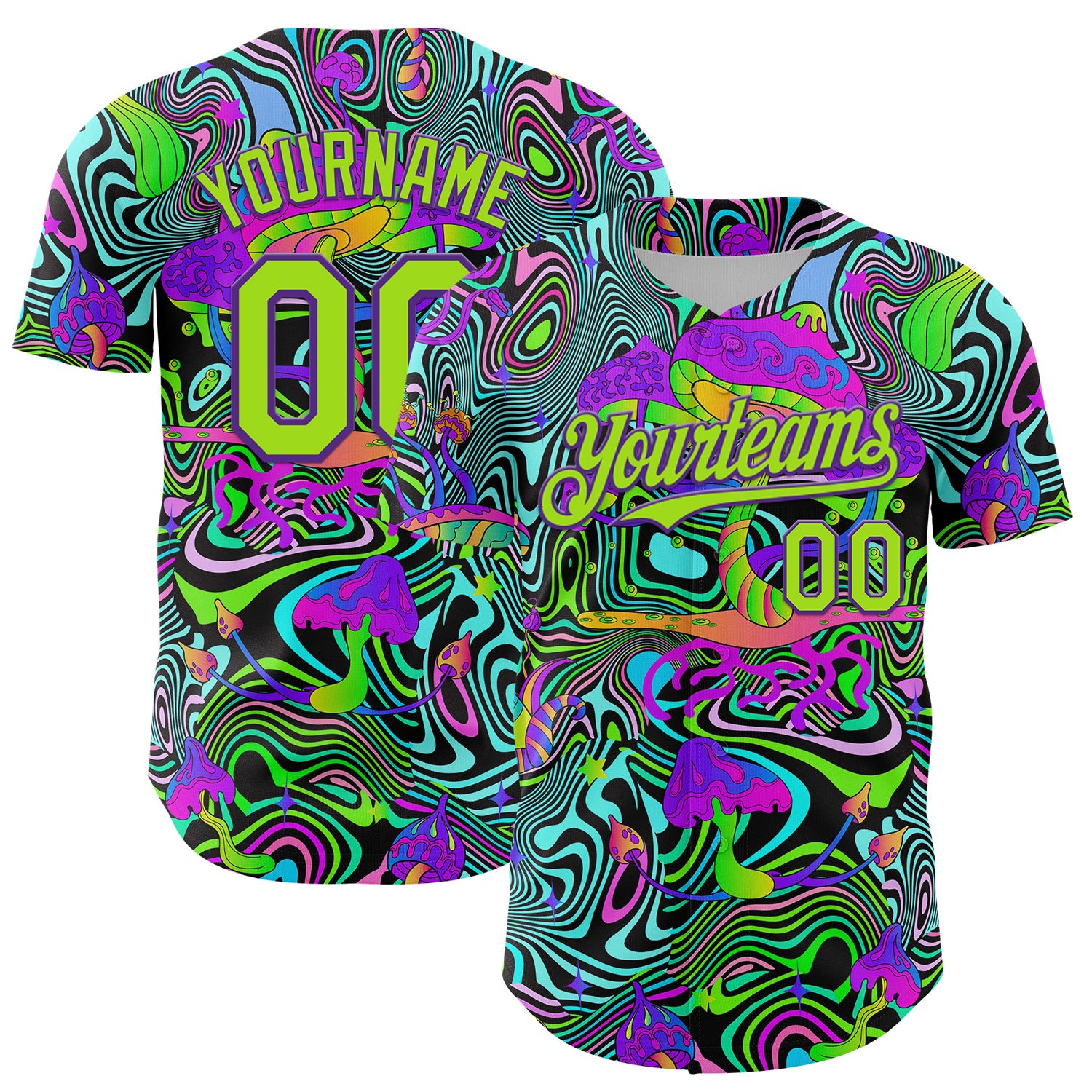 Custom Purple Neon Green 3D Pattern Design Trippy Groovy Magic Mushrooms Authentic Baseball Jersey