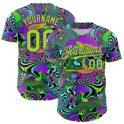 Custom Purple Neon Green 3D Pattern Design Trippy Groovy Magic Mushrooms Authentic Baseball Jersey