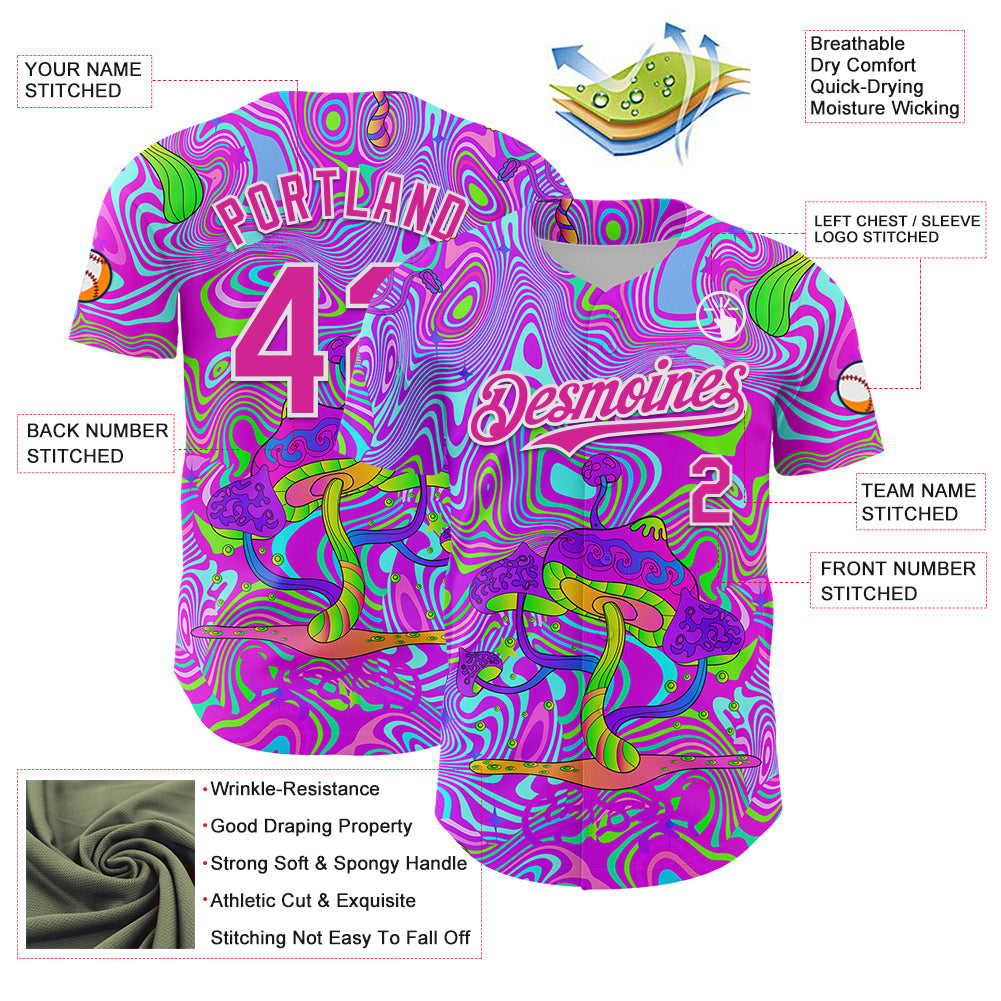Custom Purple Deep Pink-White 3D Pattern Design Trippy Psychedelic Magic Mushrooms Authentic Baseball Jersey