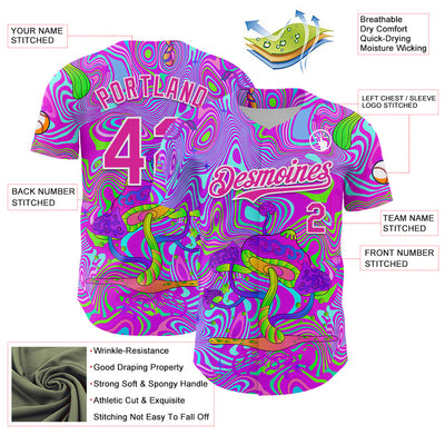 Custom Purple Deep Pink-White 3D Pattern Design Trippy Psychedelic Magic Mushrooms Authentic Baseball Jersey