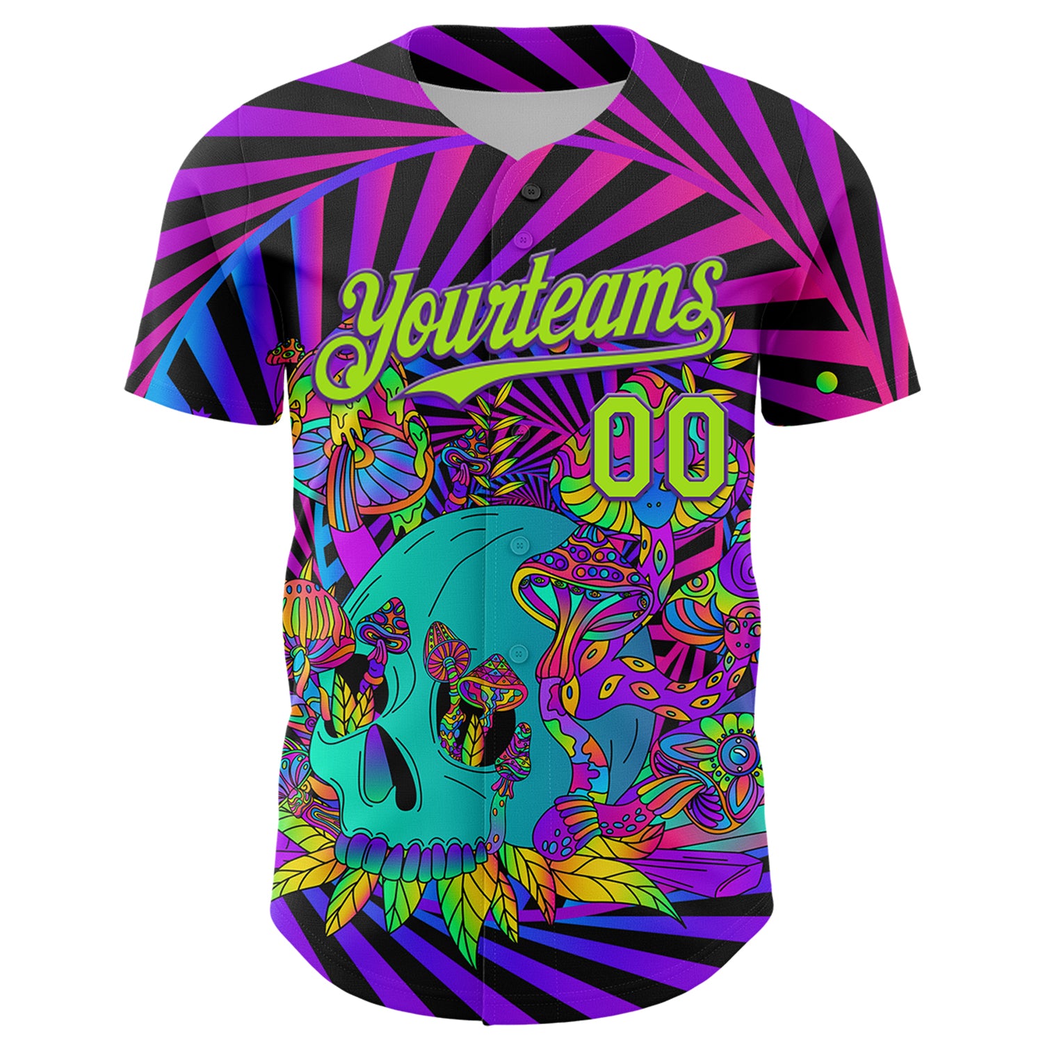 Custom Purple Neon Green 3D Pattern Design Trippy Magic Mushrooms Skull Authentic Baseball Jersey