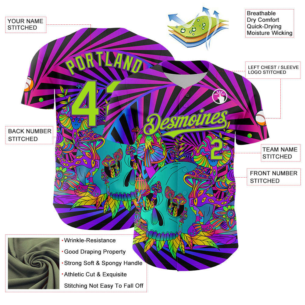 Custom Purple Neon Green 3D Pattern Design Trippy Magic Mushrooms Skull Authentic Baseball Jersey