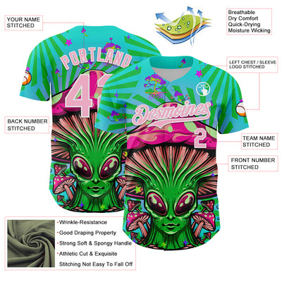 Custom Blule Light Pink-White 3D Pattern Design Trippy Magic Mushrooms Alien Authentic Baseball Jersey