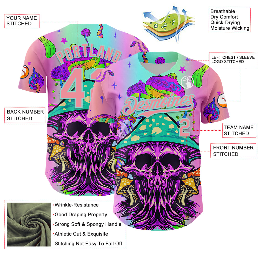Custom Purple Medium Pink-Ice Blue 3D Pattern Design Trippy Magic Mushrooms Skull Authentic Baseball Jersey