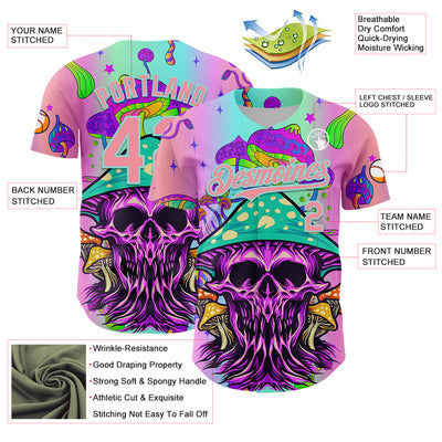Custom Purple Medium Pink-Ice Blue 3D Pattern Design Trippy Magic Mushrooms Skull Authentic Baseball Jersey