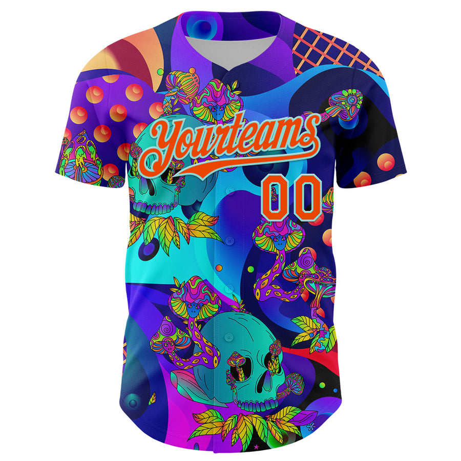 Custom Blue Orange-Ice Blue 3D Pattern Design Trippy Magic Mushrooms Skull Authentic Baseball Jersey