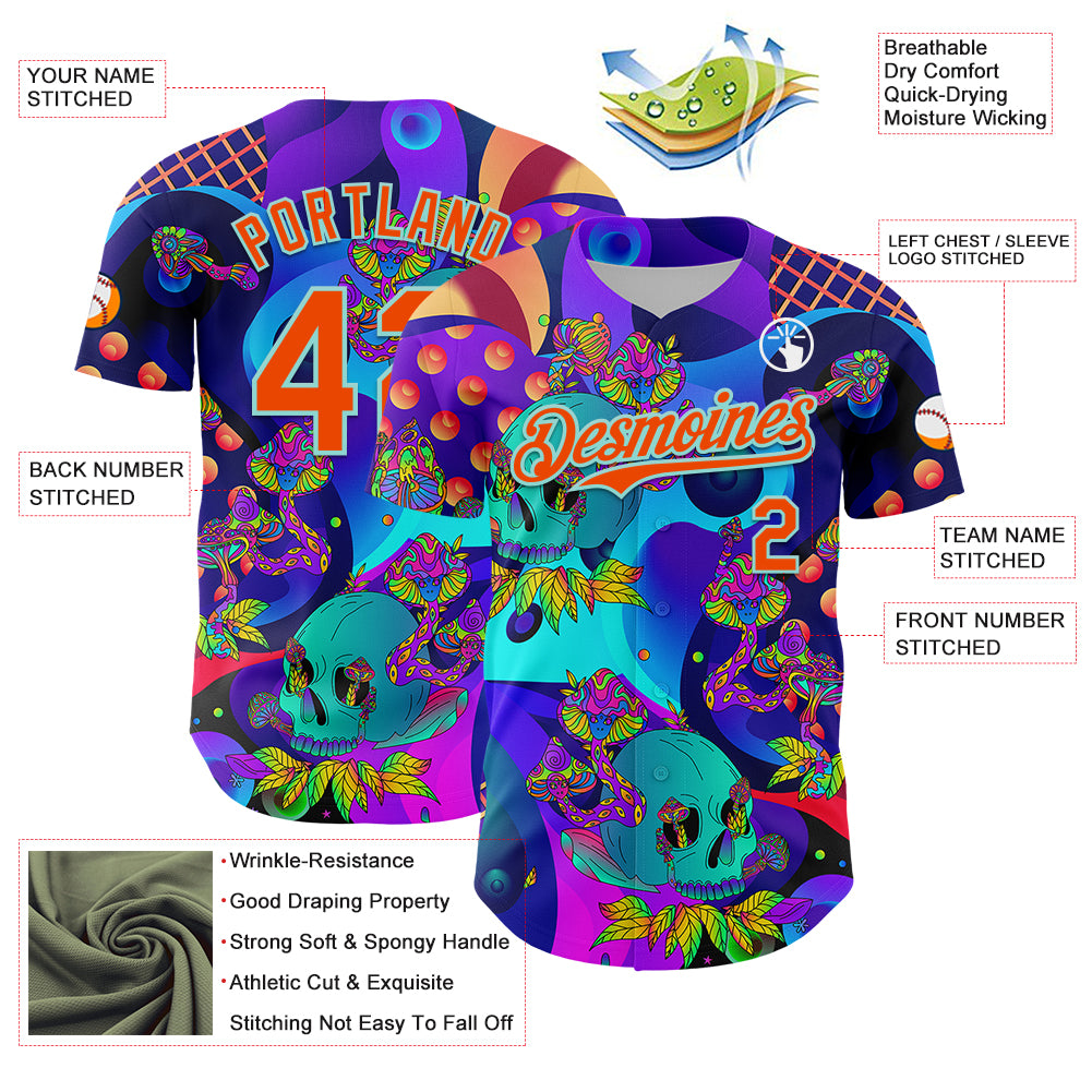 Custom Blue Orange-Ice Blue 3D Pattern Design Trippy Magic Mushrooms Skull Authentic Baseball Jersey