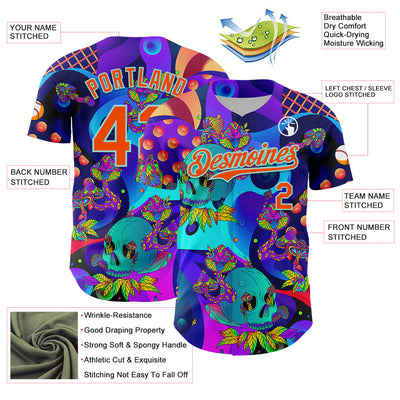 Custom Blue Orange-Ice Blue 3D Pattern Design Trippy Magic Mushrooms Skull Authentic Baseball Jersey