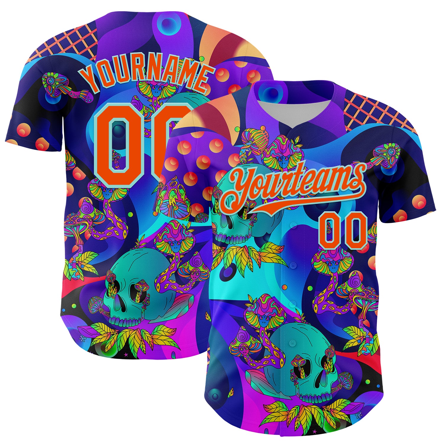 Custom Blue Orange-Ice Blue 3D Pattern Design Trippy Magic Mushrooms Skull Authentic Baseball Jersey