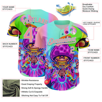 Custom Purple Medium Pink-Ice Blue 3D Pattern Design Trippy Magic Mushrooms Acid Authentic Baseball Jersey