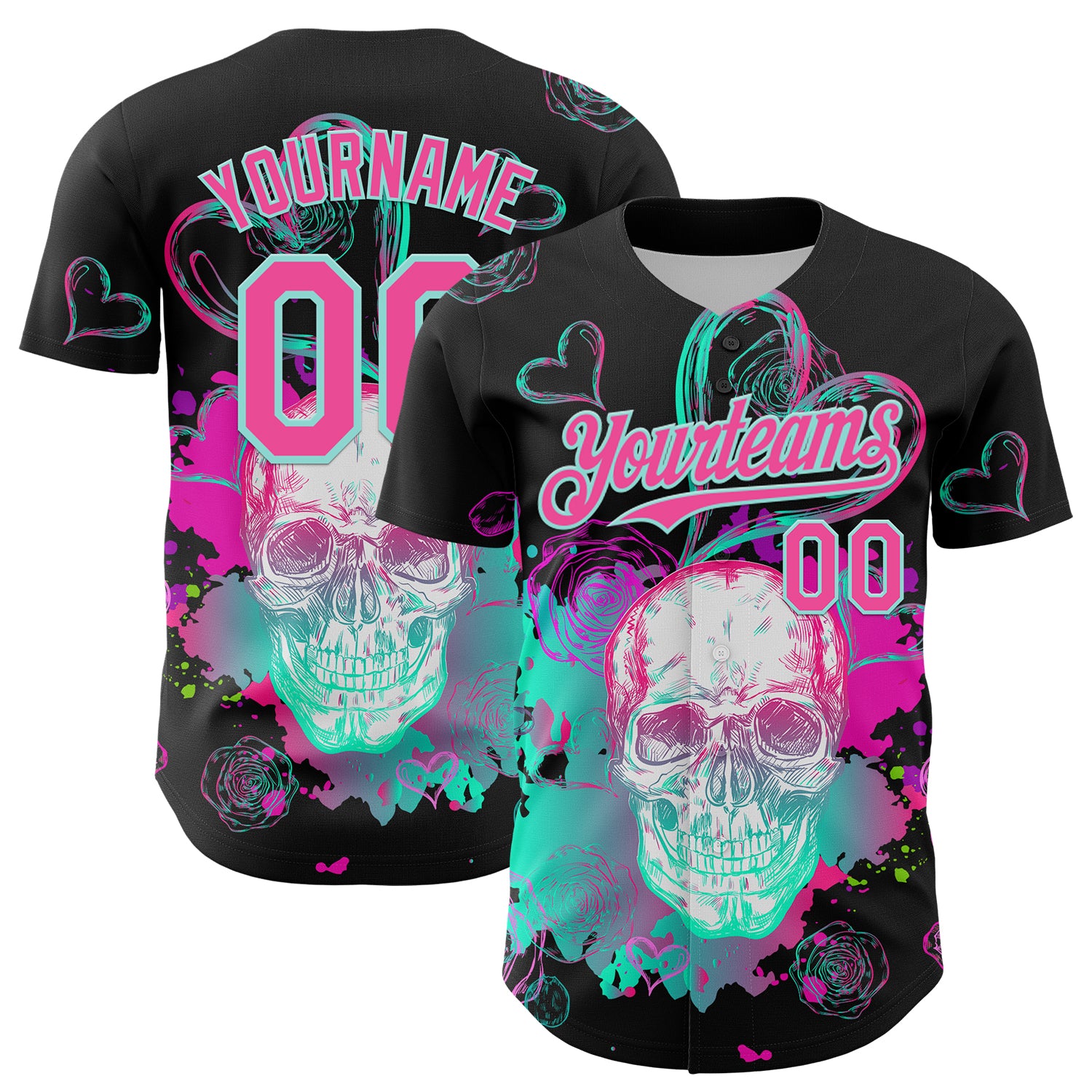 Custom Black Pink-Ice Blue 3D Pattern Design Trippy Magic Mushrooms Skull Authentic Baseball Jersey