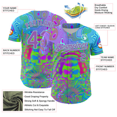 Custom Blue Medium Purple-Ice Blue 3D Pattern Design Trippy Magic Mushrooms Skull Authentic Baseball Jersey