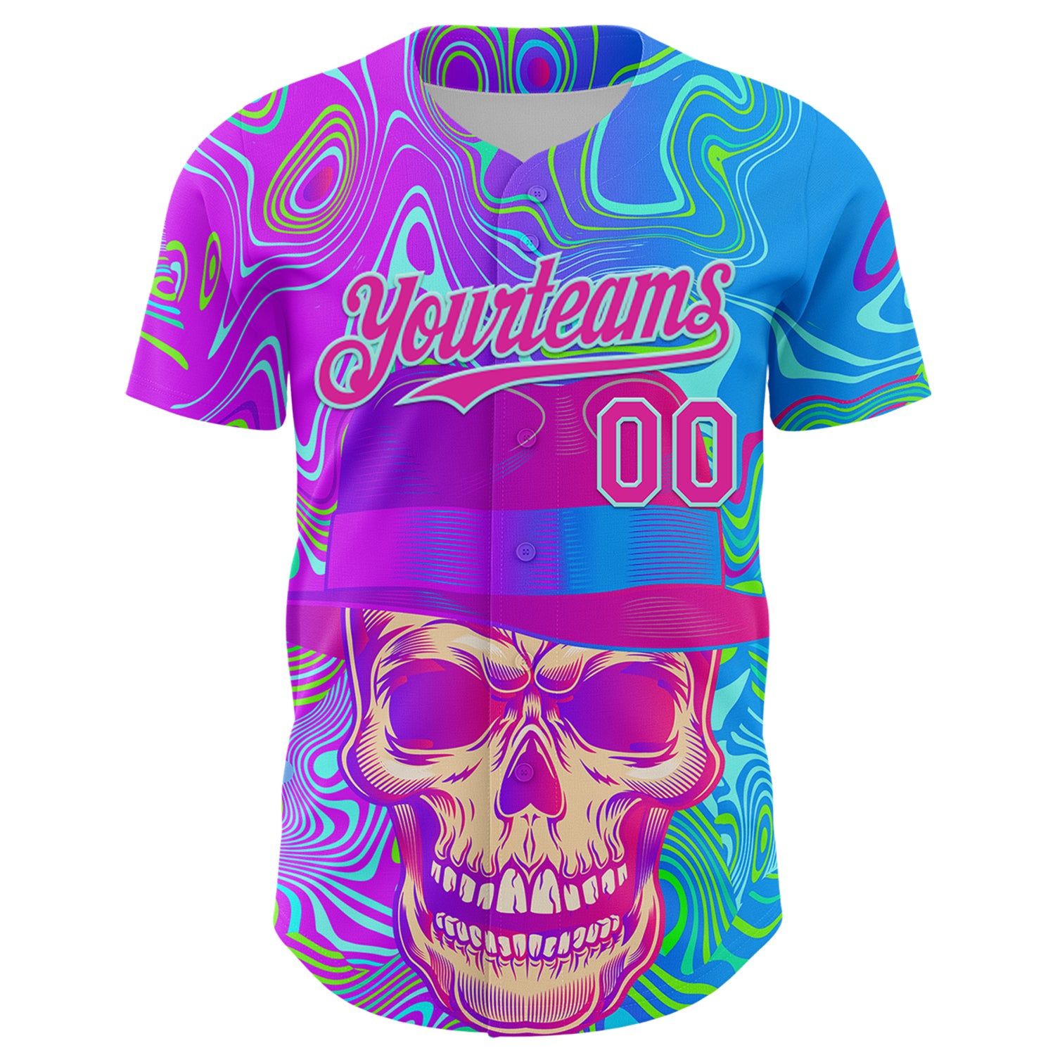 Custom Blue Deep Pink-Ice Blue 3D Pattern Design Trippy Magic Mushrooms Skull Authentic Baseball Jersey