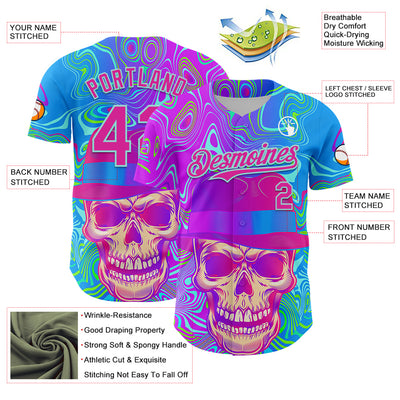 Custom Blue Deep Pink-Ice Blue 3D Pattern Design Trippy Magic Mushrooms Skull Authentic Baseball Jersey